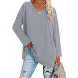 Women's loose long sleeve fashion V-neck knit top shirts