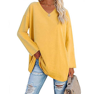 Women's loose long sleeve fashion V-neck knit top shirts