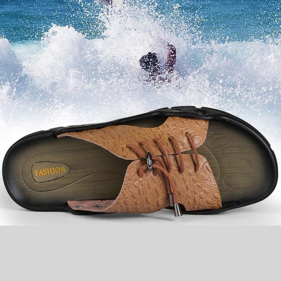 New Men Genuine Leather Holiday Beach Shoes Flip Flops