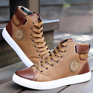 High Top Front Lace-Up Leather Canvas Ankle Boots