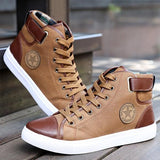 High Top Front Lace-Up Leather Canvas Ankle Boots