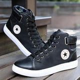 High Top Front Lace-Up Leather Canvas Ankle Boots