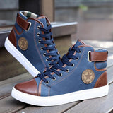 High Top Front Lace-Up Leather Canvas Ankle Boots