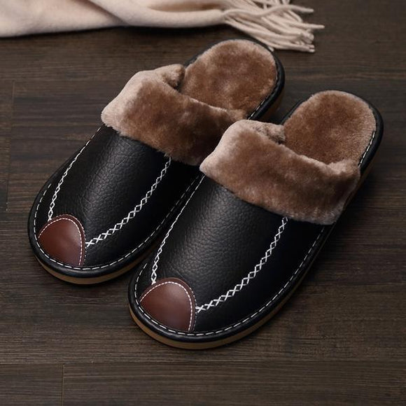 New Winter Couple PU Leather Waterproof Warm Slippers