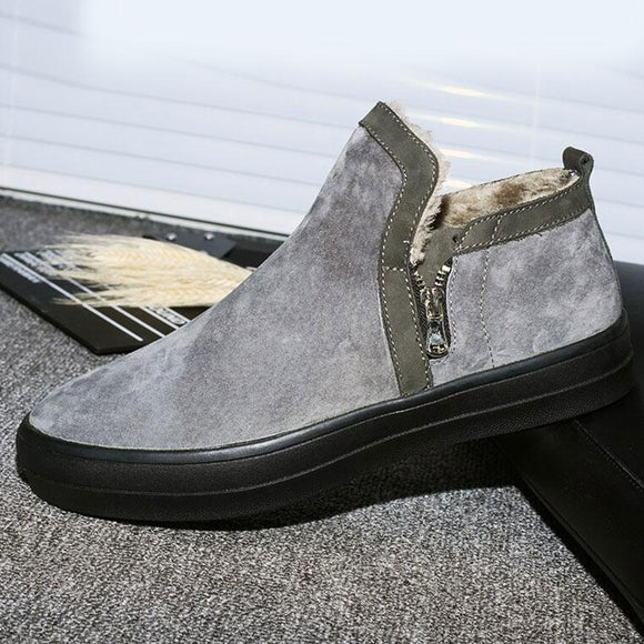 Gray Suede Leather Fur Plush Men Boots