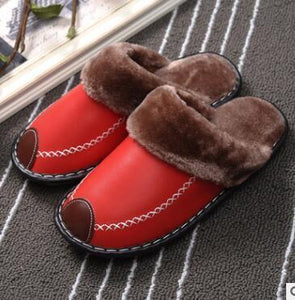 New Winter Couple PU Leather Waterproof Warm Slippers