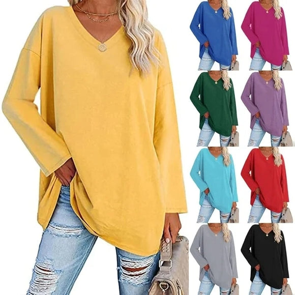 Women's loose long sleeve fashion V-neck knit top shirts