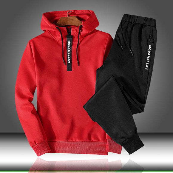 Patchwork Men's Sportswear Sets Hooded Thick Casual Tracksuit 2 Piece set (Sweatshirt + Sweatpants Set)