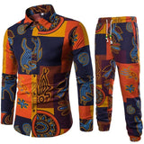 Men's  Linen Long Pant Ethnic Style Patchwork Vacation Set