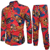 Men's  Linen Long Pant Ethnic Style Patchwork Vacation Set