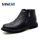 Men's High Quality LeatherAutumn Winter Warm Fur Snow Crocodile Pattern Ankle  Boots