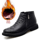 Men's High Quality LeatherAutumn Winter Warm Fur Snow Crocodile Pattern Ankle  Boots