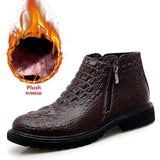 Men's High Quality LeatherAutumn Winter Warm Fur Snow Crocodile Pattern Ankle  Boots