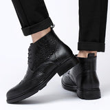 Men's Luxury Leather Crocodile pattern Carved Bullock Ankle Boot