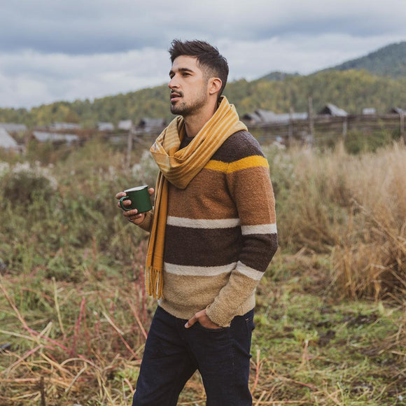 Men's Autumn Winter Mix Wool Jacquard Contrast Color Striped Knitted Sweater