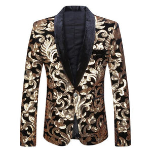 Men's Gold Flowers Sequins Suit Jacket Stage Singer Blazer