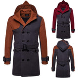 Fashion Thicken Stitching Lapel Double-breasted Hooded Men Woolen Coats