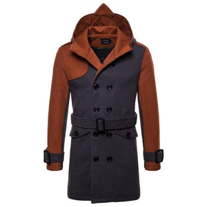 Fashion Thicken Stitching Lapel Double-breasted Hooded Men Woolen Coats