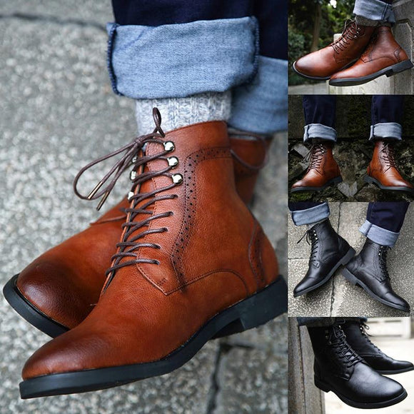 Fashion British Lace Up PU Leather Men Ankle Boots