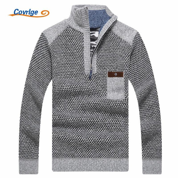 Warm Thick Velvet Cashmere Men Winter Pullovers Zipper Mandarin Collar Casual Sweaters