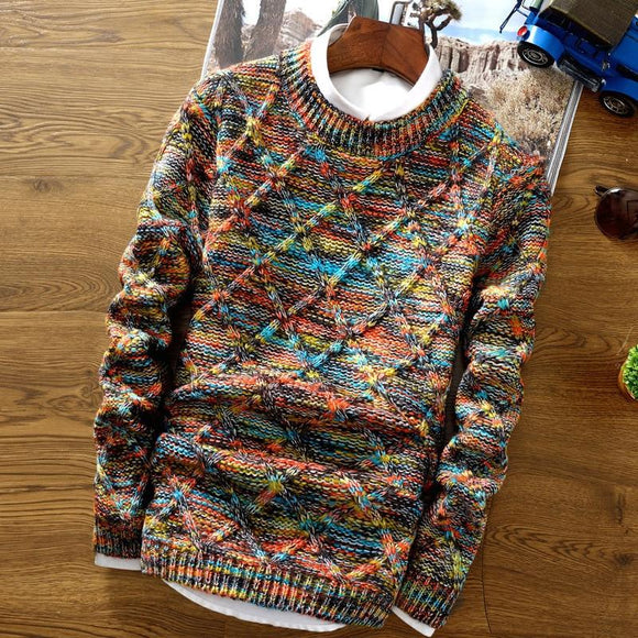 Men's Fashion Knitting  Colorful Rhombus Lattice Pullover Pullover Sweater